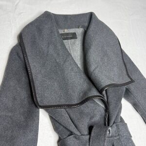 Elie Tahari Wool Blend Wrap Coat Belted Leather Trim Charcoal Gray Women